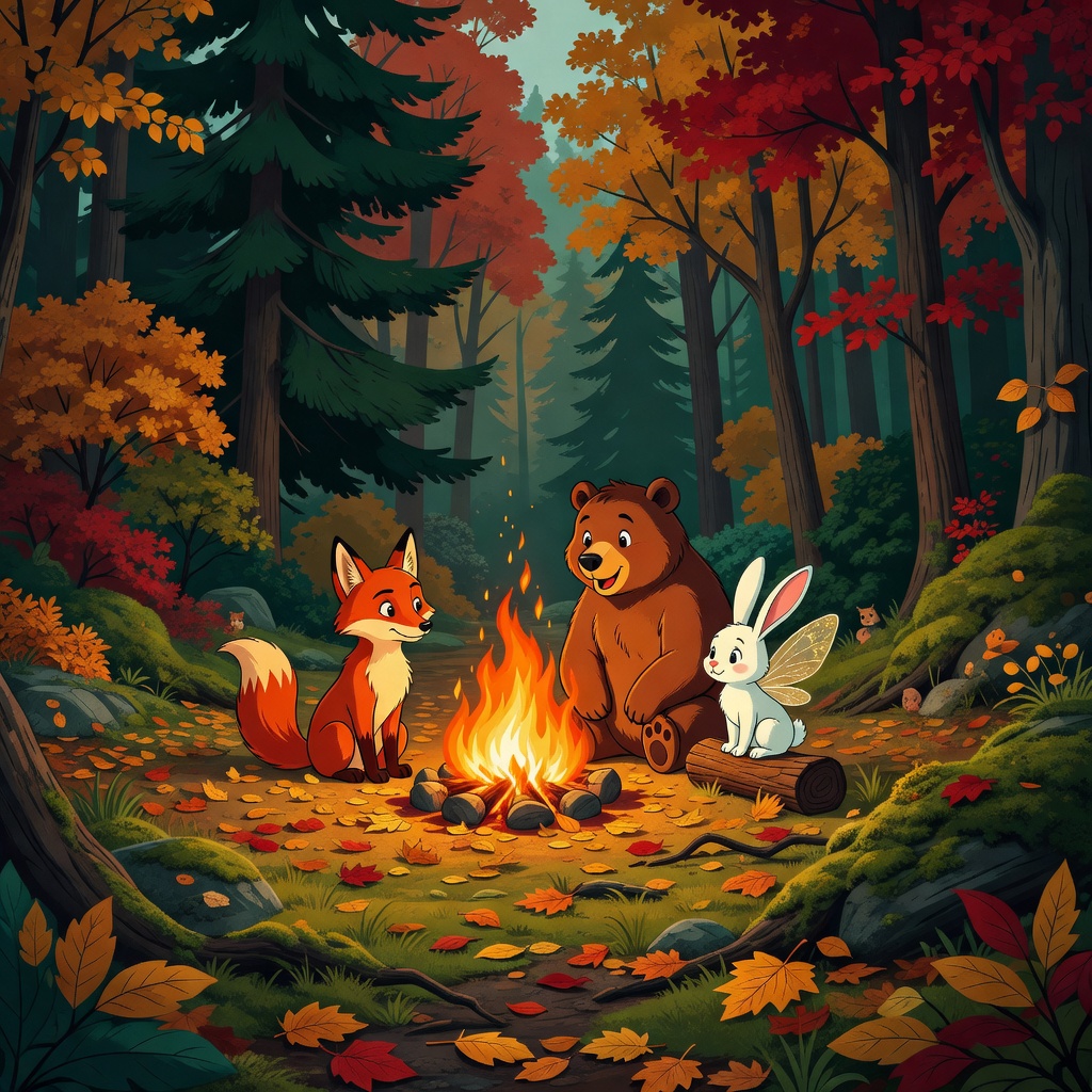 Woodland animals gathered around an autumn campfire